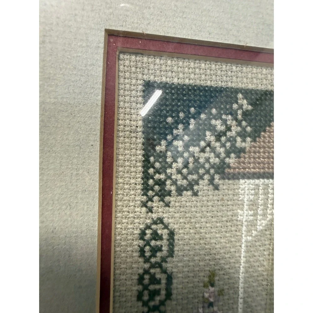 Vintage Amish Folk Art Framed Cross Stitch Set Welcome & The Auction Quilt Theme